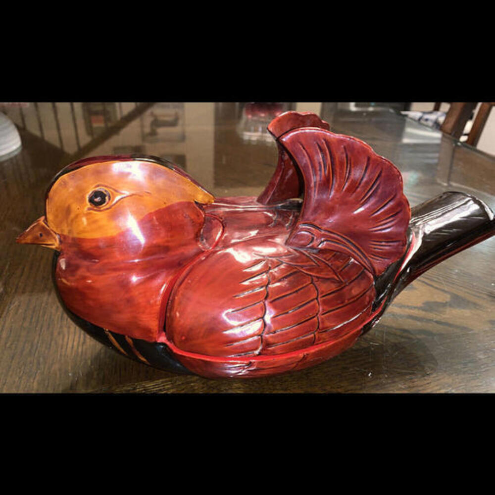 Rare Red Lacquer Hand Carved Wooden‎ 3D Bird Container Japan